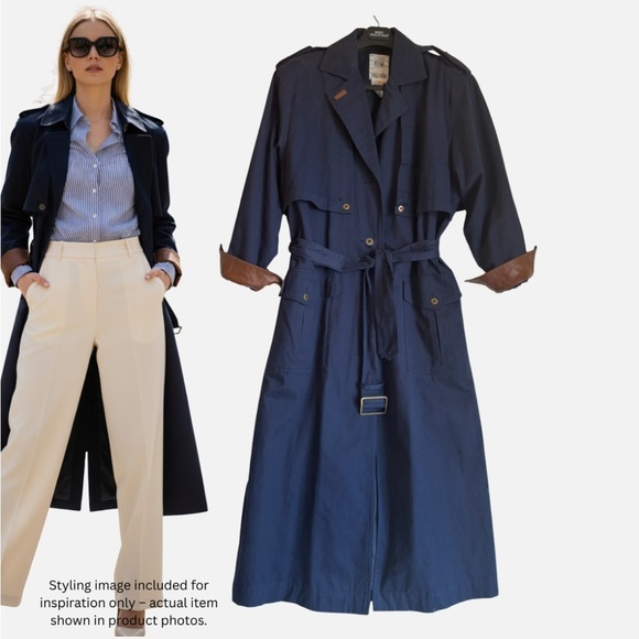 Together Jackets & Blazers - Vtg Together! Women's Military Trench Coat Long Duster Spy Coat Oversized 6 Blue